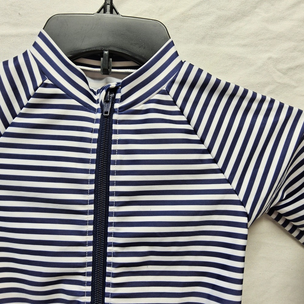 SwimZip Rash‎ Guard Kids 3T Navy Blue White Striped Full Zip Long Sleeve UPF 50+
